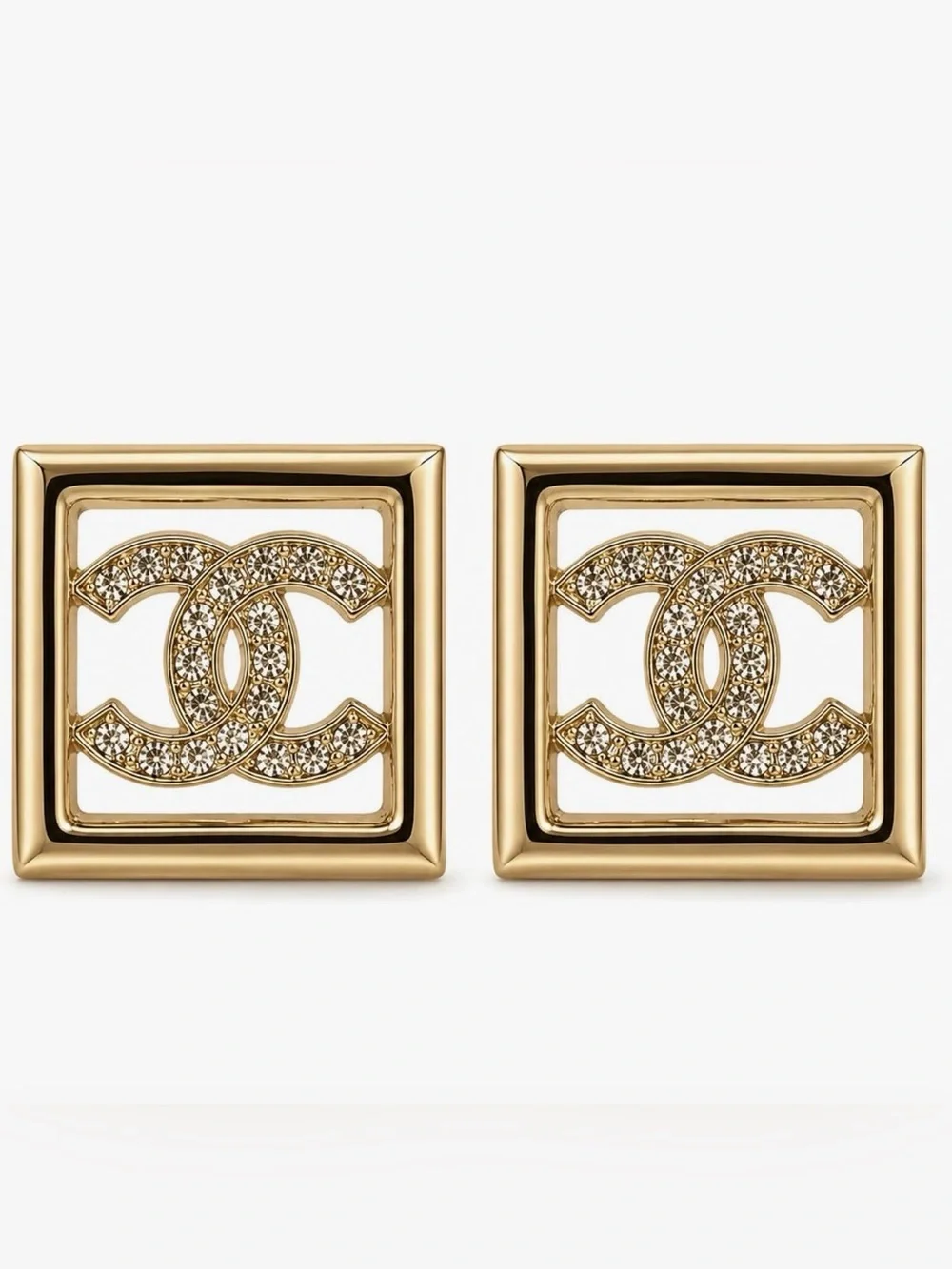 Gold CC Square-Frame Logo Crystal Stud Earrings
